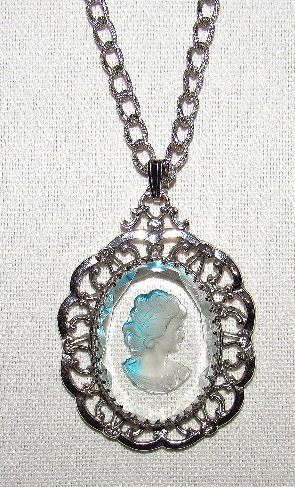 Vintage Whiting Davis Clear w Blue Trim Glass Cameo Pendant