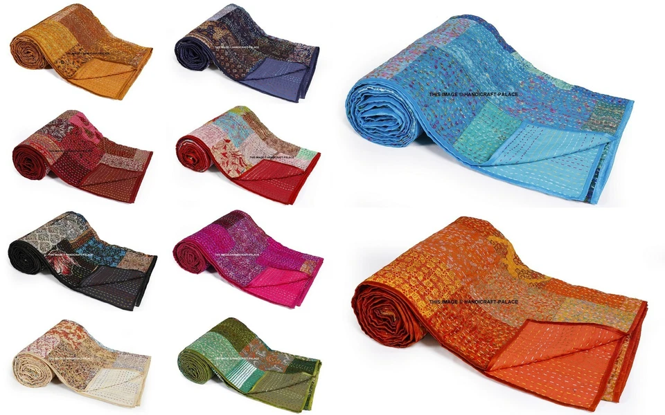 Manta edredón Kantha retazos de seda vintage colcha ropa de cama doble/queen tiro Foto 2 de 2