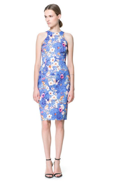 ZARA WOMAN BLUE DRESS FLORAL ORIENTAL BODYCON RACER FLOWER MEDIUM - M | eBay