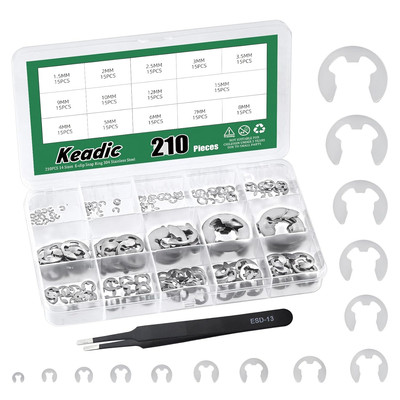 211Pcs 14 Größen 304 Edelstahl E-Clip Sortiment Set, M1.5/M2/M3/M4/M5/M6/M7/M8/M