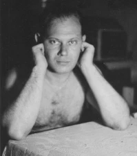 1940s Shirtless Handsome Man Sitting Table Lace Serious Expression Portrait
