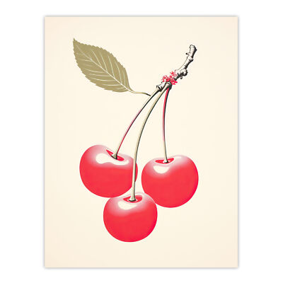 Red Smudge Kirschen auf Stiel mit Blatt Retro Küche Wandbild Poster Druck
