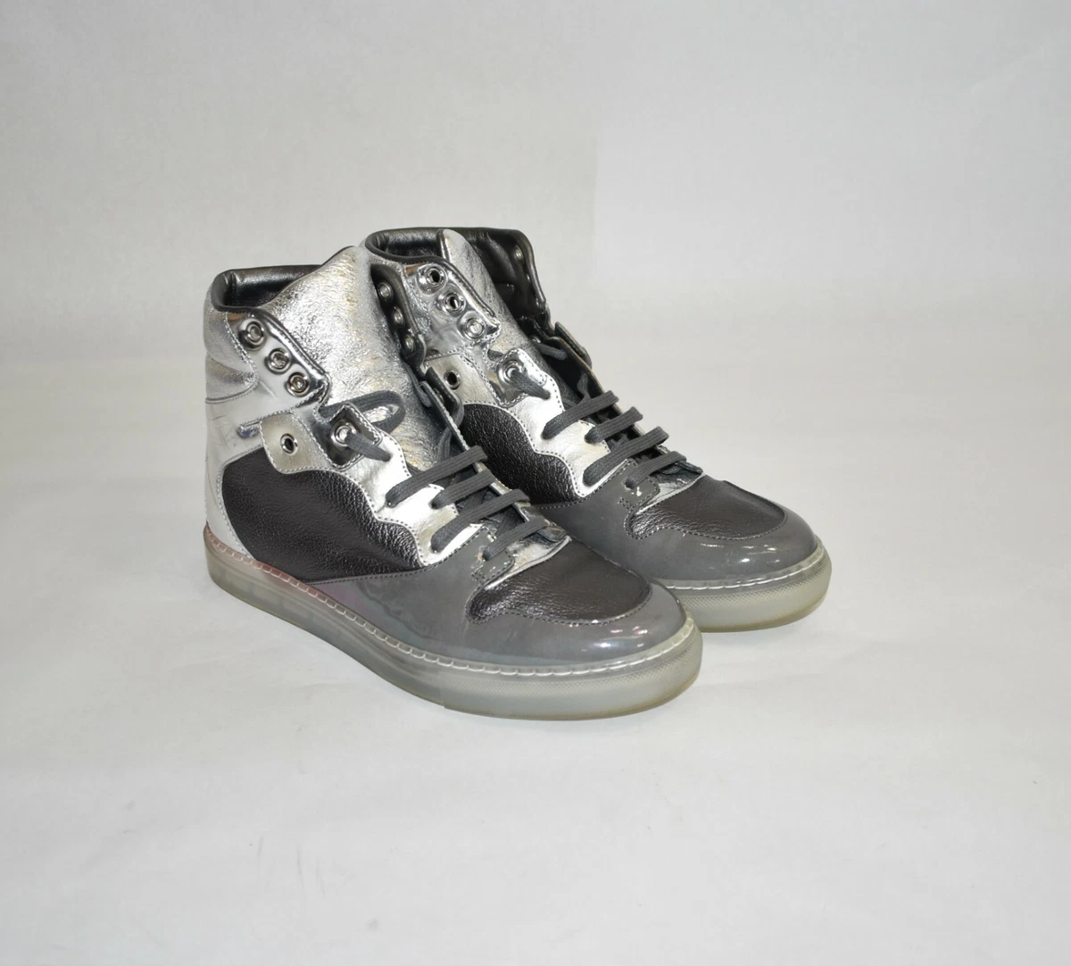 Balenciaga Metallic Leather High Top Sneakers Silver Gray Patent