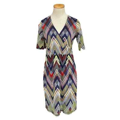 Esprit Dress Womens M Medium Blue Yellow Geometric Short Sleeve V-Neck Sheath