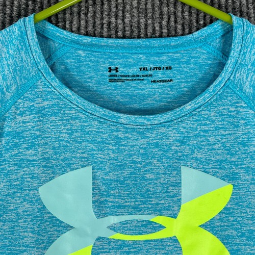 Under Armour Shirt Youth Girls XL Extra Large Blue Short Sleeve Heat Gear - Picture 2 of 14