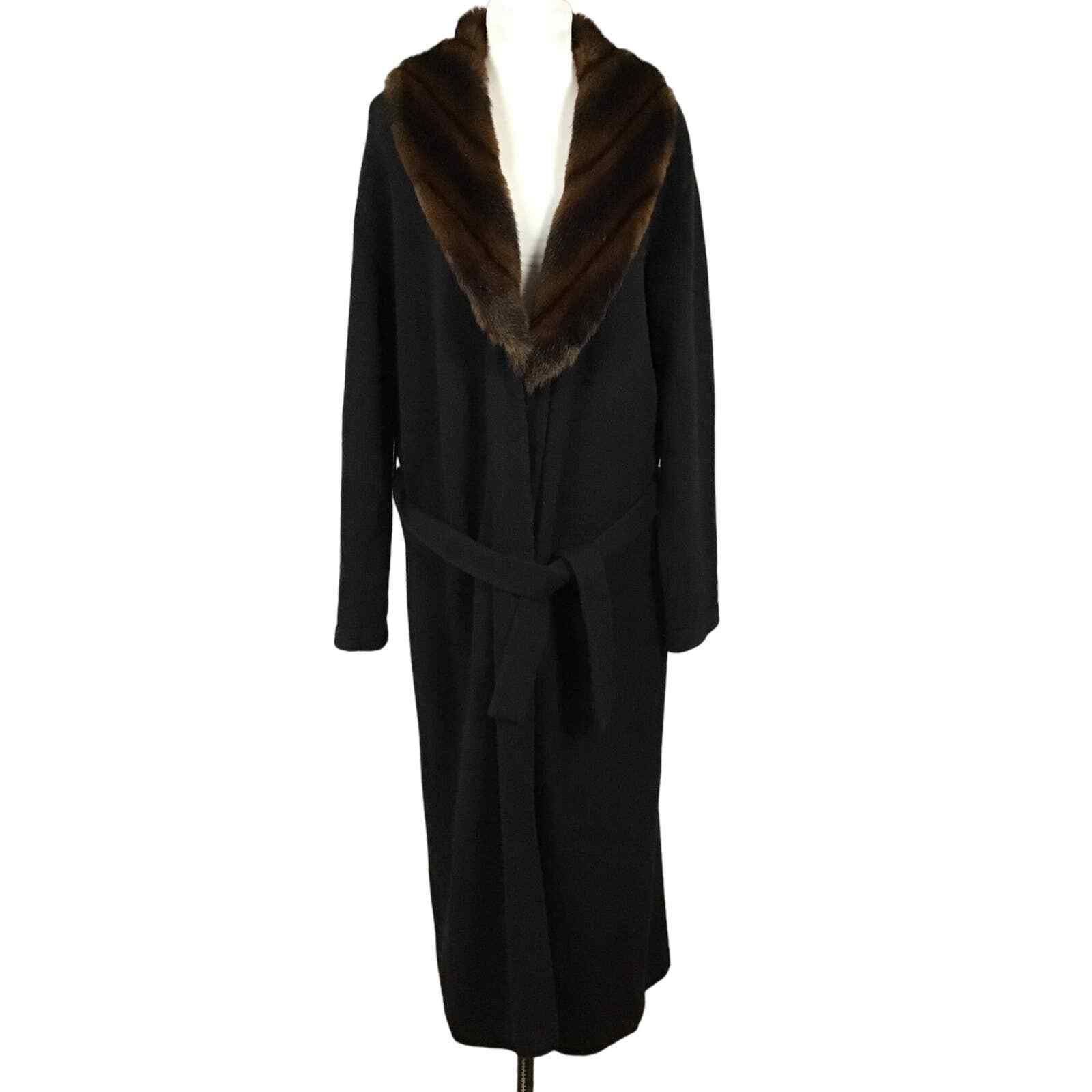 Ralph Lauren Black Cashmere Wool Sweater Coat Long Belted Fur Collar XL