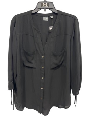 New York and Co Soho Button Front Shirt Sz XL 3/4 Sleeve Black Career Office NEW