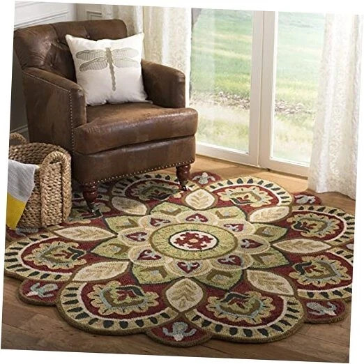 Collection Area Rug - 4' Round, Red & Taupe, Handmade Boho Floral