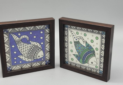 Set of 2 Madhubani Hand-painted Fish Paintings Framed Folk Art Geometric Pattern