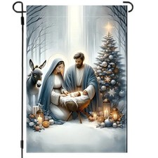 Garden flag, 12  x 18  , Christmas nativity scene, burlap polyester double-sided