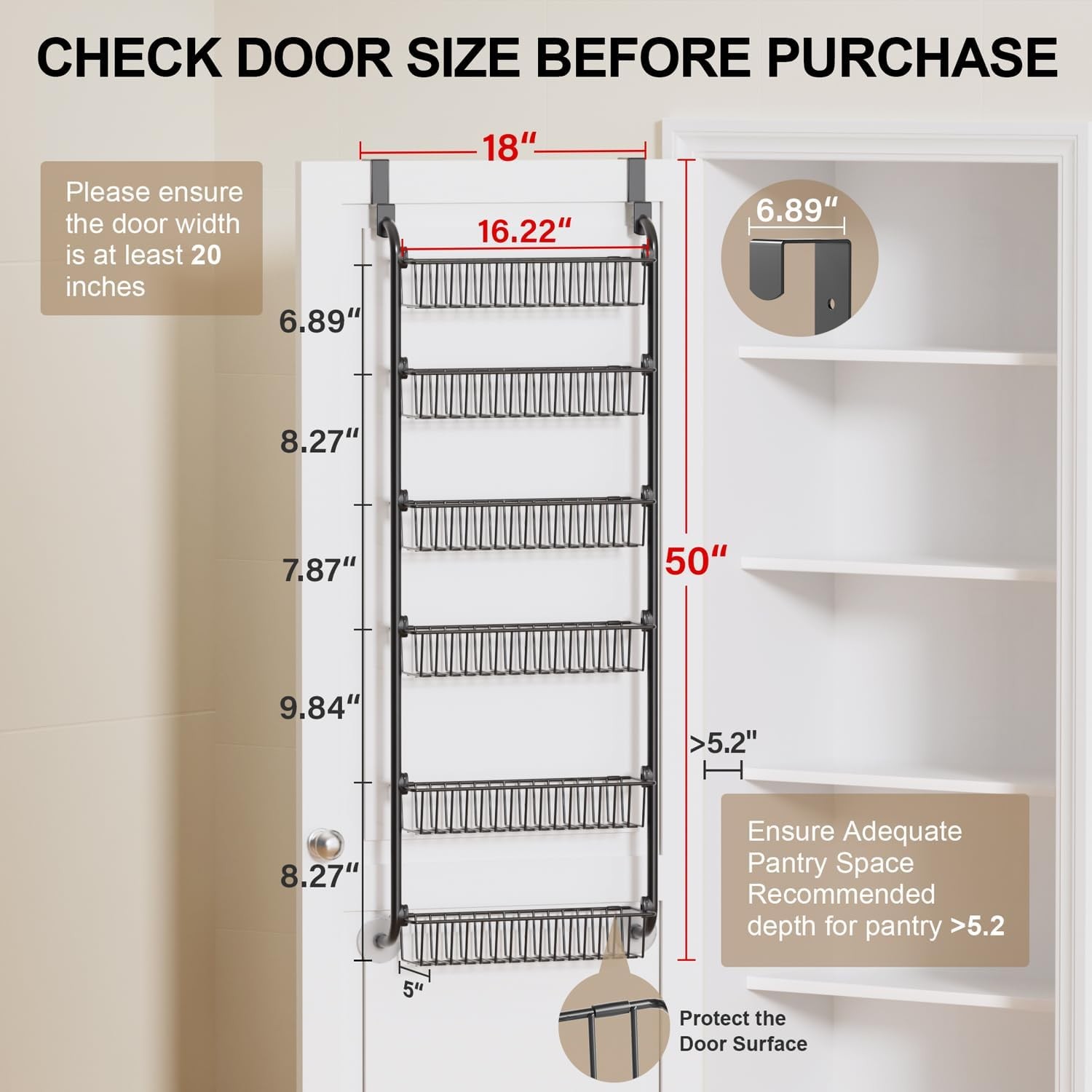 Delamu Over the Door Pantry Organizer 6-Tier, Metal Hanging Door Storage Spice