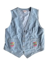 Vintage Stampede Denim Floral Embroidered Vest Large Garden Cottagecore 90s