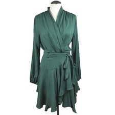 DO+BE Women's Green Wrap Dress Long Sleeve Ruffle Hem V-Neck Mini Dress Medium