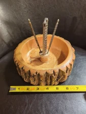 VTG Tree Bark Nut Bowl w/a Silver Nut Cracker & 2 Picks