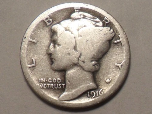 1916-P "FIRST YEAR PHILLY" LIBERTY MERCURY 90% SILVER DIME MINTAGE 22,180,080!!