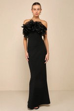 NWT lulus Evening Excellence Black Ruffled Strapless Mermaid Maxi Dress