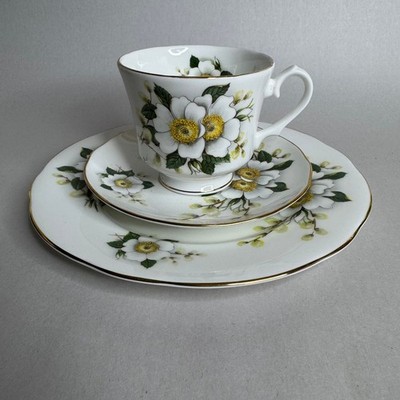 Duchess Bone China England Tea Cup Saucer and Side Plate Trio White Floral Gold
