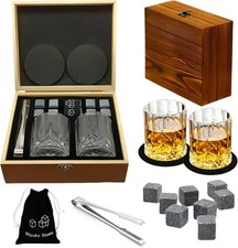 Whisky Glass Gift Set, with 2 Whiskey Glass Cups 8 Chilling Whiskey Stones, Wood
