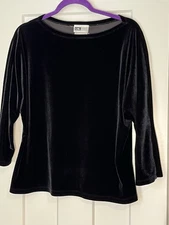 Vintage I.N. STUDIO Velvet Blouse Womens 14 Black 3/4 Sleeve Stretch Boat Neck