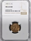 KEY DATE 1931-S San Francisco Lincoln Wheat Cent Penny 1C NGC Graded MS64 RB