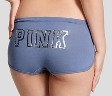 Victoria's Secret Pink Bling Dorm Boyshort Panties Dusty Iris Foil Logo L XL NWT