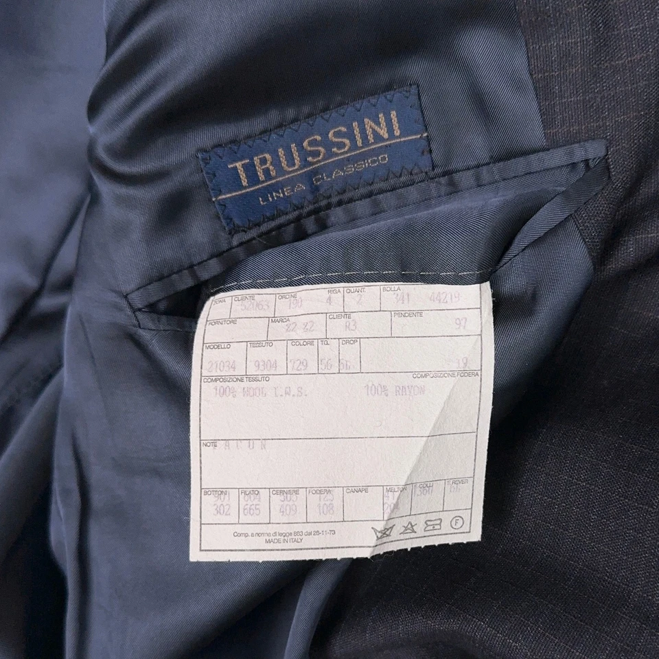 TRUSSINI Wool Sport Coat Suit Jacket Blazer 45R Navy Check Full Canvas 3B Italy - Image 2 of 4