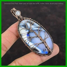 Halloween Sale Oval Blue Dendrite Opal Gemstone Rainbow Moonstone Pendant Copper