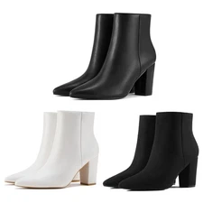 Rollda SUEDI Women's Pointed Toe Ankle Boots Chunky Heel Side Zip Booties Party