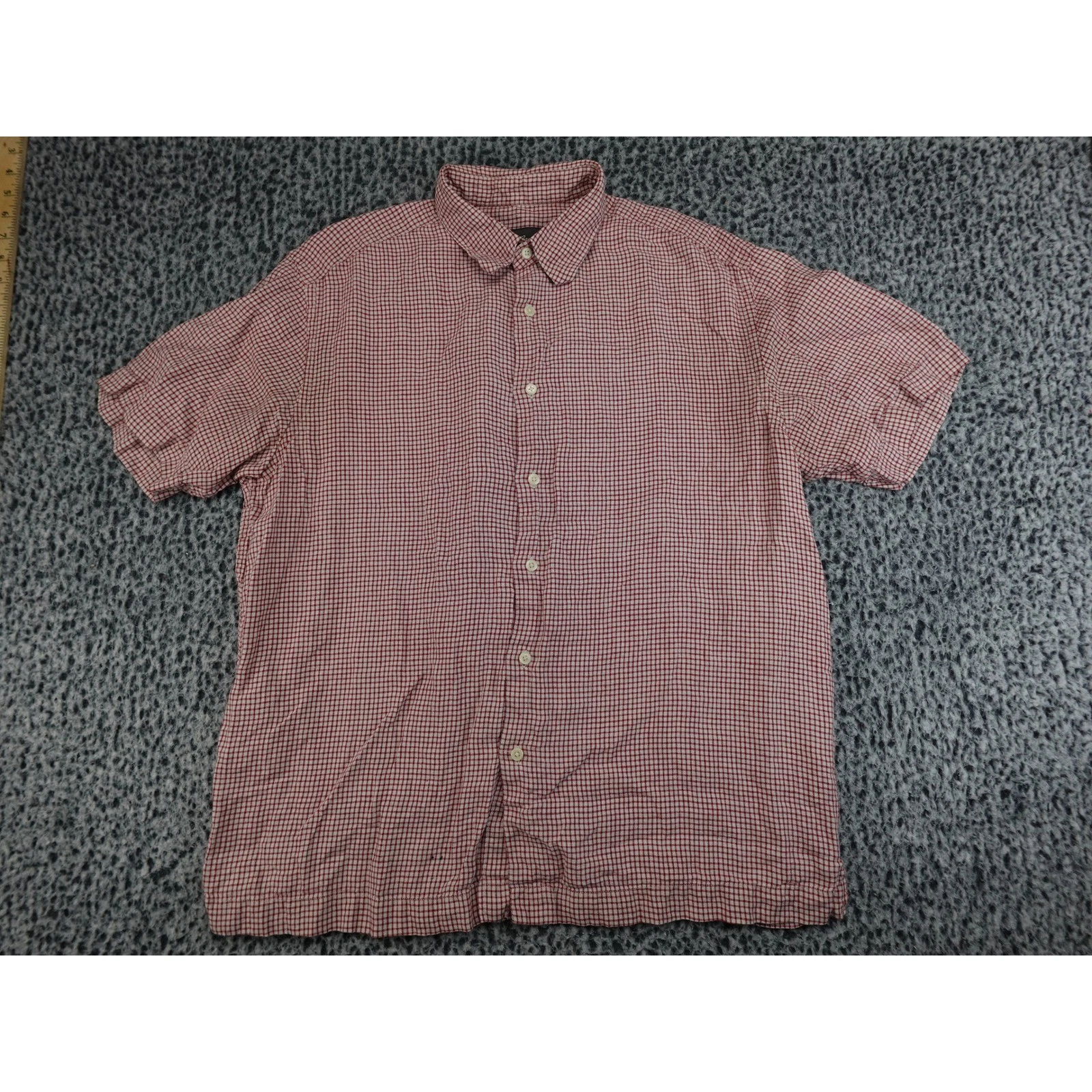 Eddie Bauer Button Down Shirt Mens L Red Gingham 100% Linen Short Sleeve