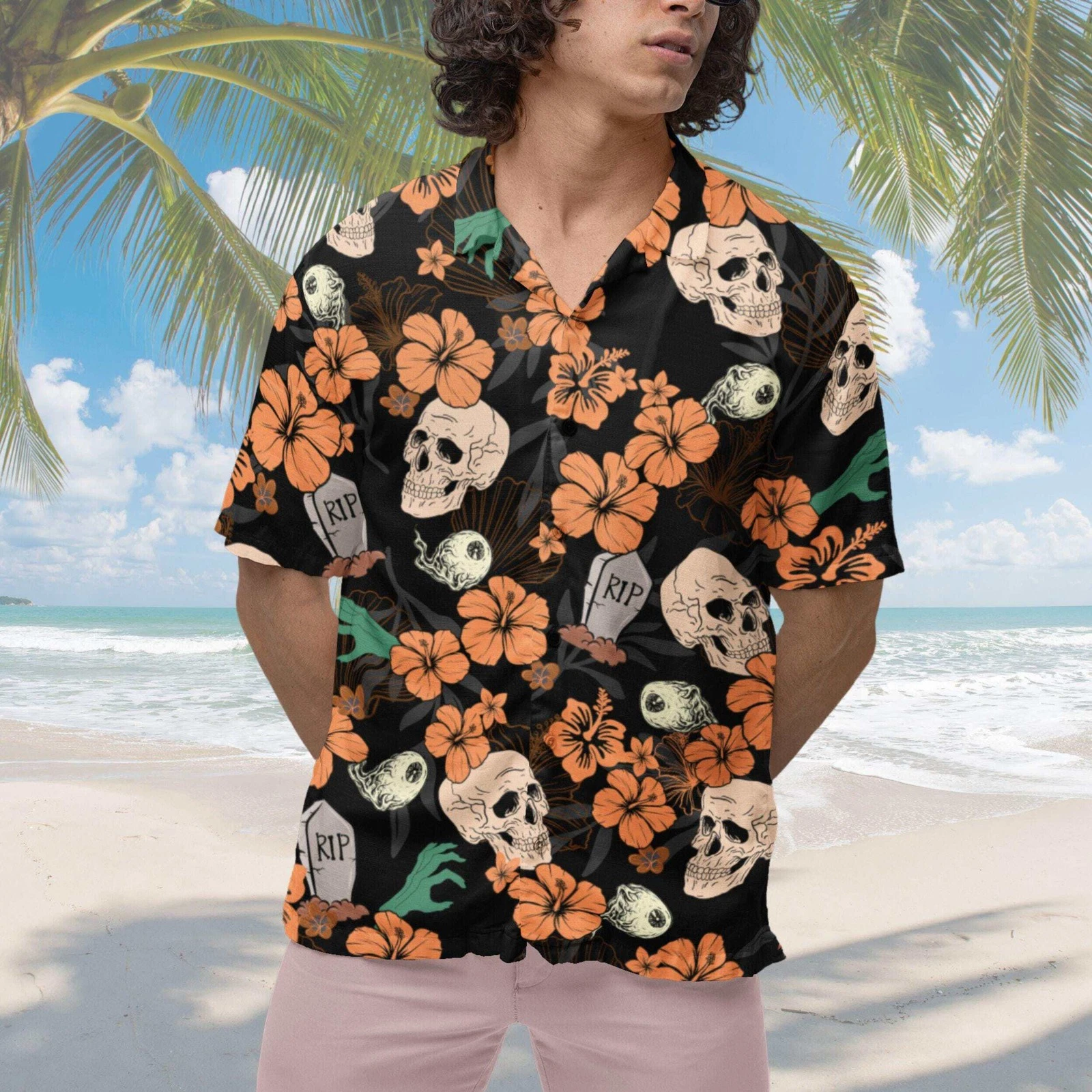 Halloween Hawaiian Skeleton Shirt, Patterned Button-Down for Men