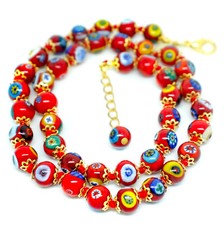 Murano Glas Halskette Rot Gold Multi 42 Perlen Millefiori Venedig 46 cm