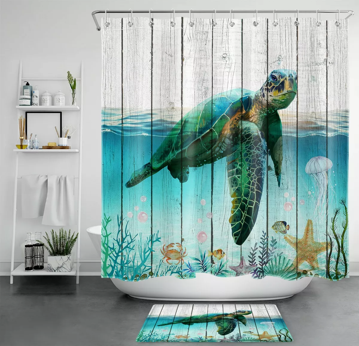 Rustic Board Funny Ocean Animal Sea Turtle Shower Curtain Set for Bathroom  Decor