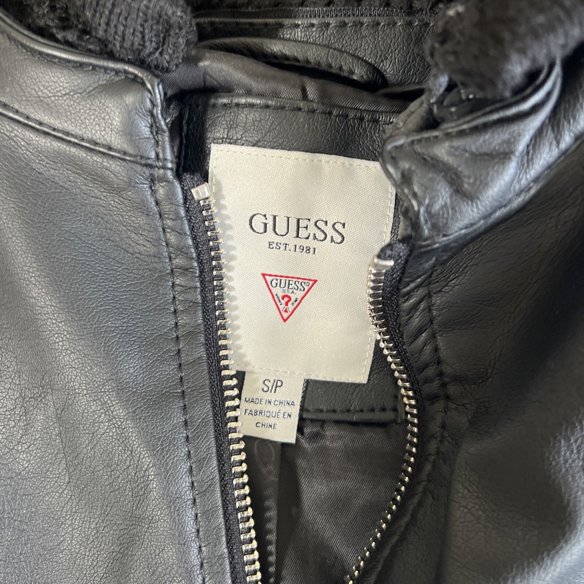 Guess Women's Black Faux Leather Knitted Hoodie Zip Up Jacket Size