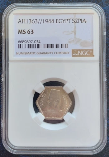 EGYPT SILVER 5 QIRSH PIASTRES UNC COIN 1944 YEAR KM#369 NGC GRADING MS63 FAROUK