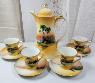 VTG Chikara Machi Japan Hand Painted Porcelain Teapot-4 Cups & Saucers SEE PICS!