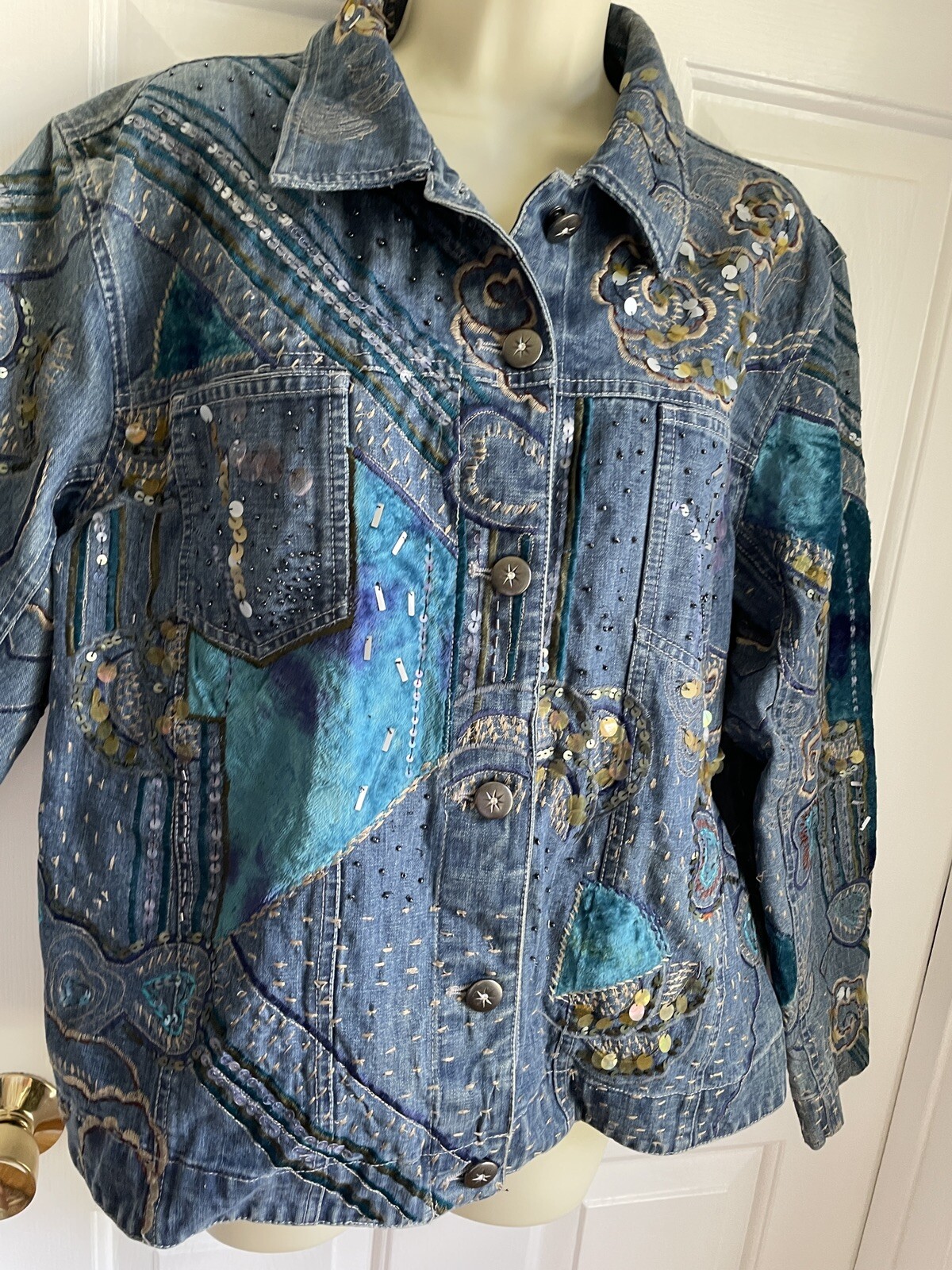 Chico's 2 Denim Jacket Cotton Blue Patchwork Embr… - image 6