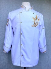 WHITE+GOLD TRIM CHEF COOK JACKET COAT SHIRT TOP Kitchen Restaurant Uniform LARGE