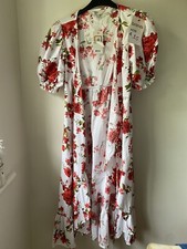 BNWT Lipsy Floral Red White Midi Wrap Summer Dress Balloon Sleeve Linen Uk 12