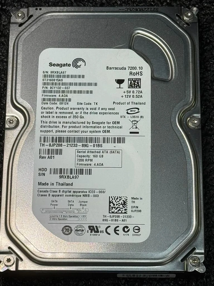 Dell JP208 ST3160815AS 160GB 7.2K RPM 8MB FW KC4.ADA DC 09124 3Gbps HDD SATA3.5" - Image 2 of 4