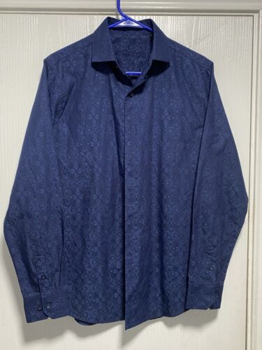 Tasso Elba Shirt Mens 14 14.5 S Small Blue Paisley Long Sleeve Button Up