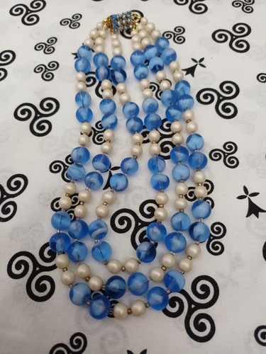 Collier Vintage Années 40/50 - 3 Rangs Perles Peintes Nacrées Et Perles Bleu Verre - Occasion