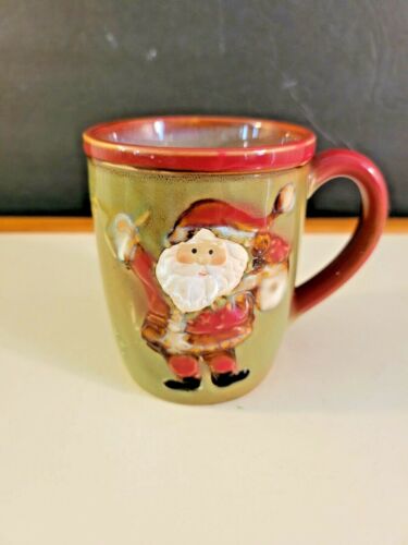 Tłoczony ceramiczny świąteczny kubek do kawy Święty Mikołaj zielony czerwony ceramika sztuka - Zdjęcie 1 z 7