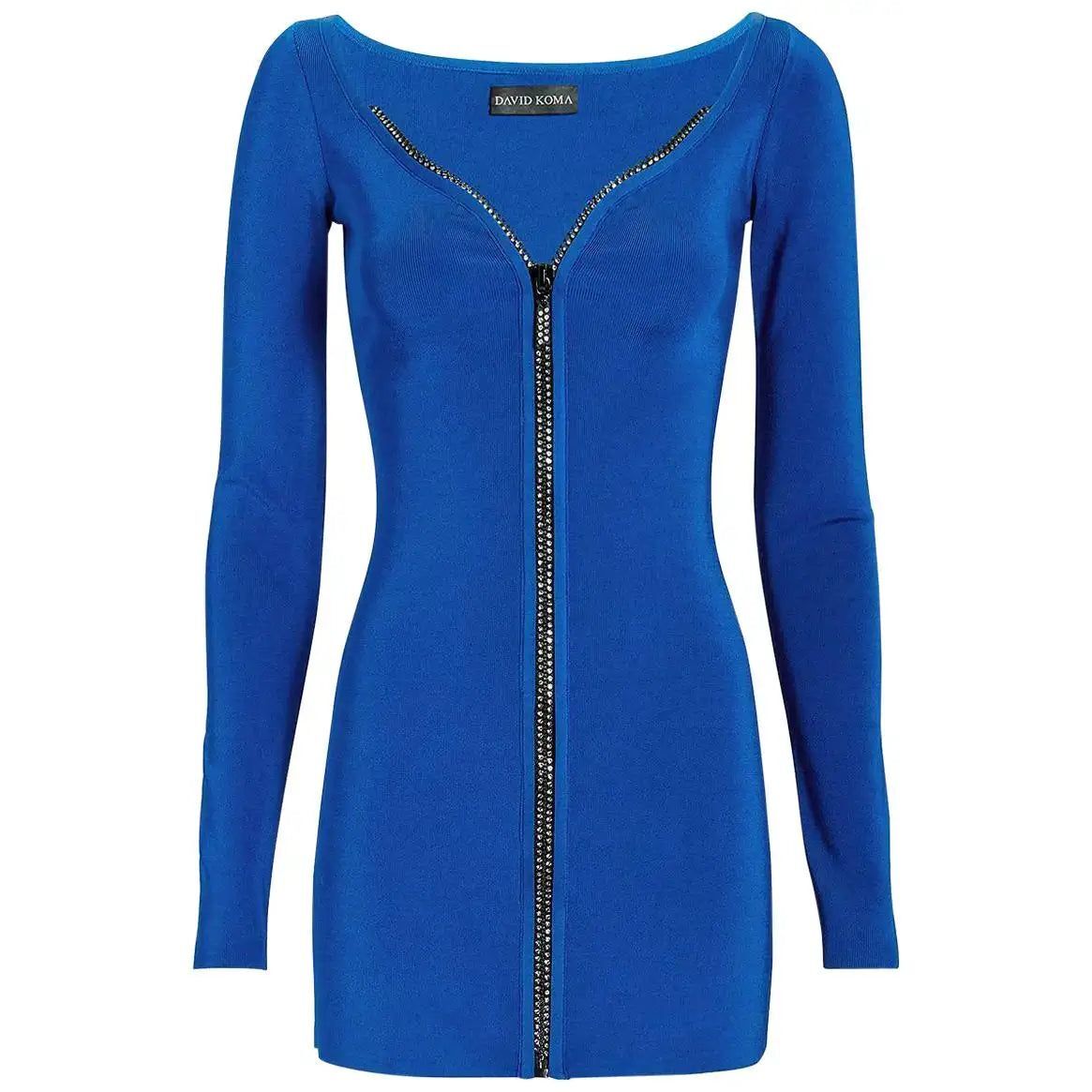 DAVID KOMA Blue Crystal Embellished Zipper Front Long Sleeve NEW XS Mini Dress