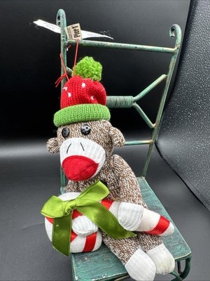 Vintage Pier One CHRISTMAS SOCK MONKEY CHRISTMAS Ornament With Candy Cane NWT