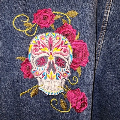 C E Schmidt Workwear Denim Jacket 2XL Custom Embroidered Sugar Skull & Roses 