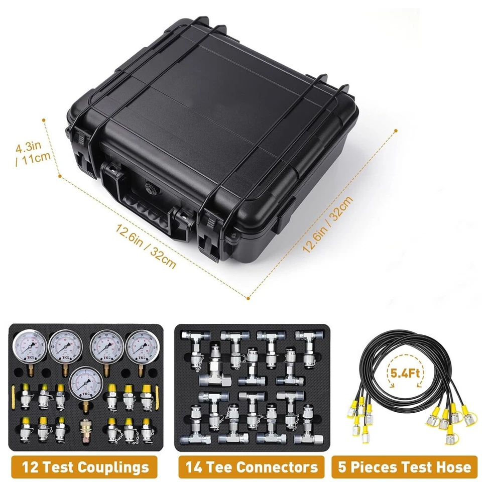 Kit de prueba de presión hidráulica 5 medidores 13 acoplamientos 14 conectores Tee 5 mangueras de prueba Foto 2 de 4
