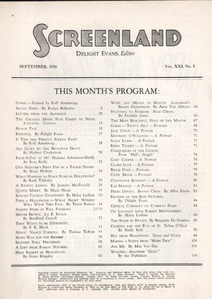 Screenland Magazine, September 1930, Vol XXI, No. 5, Rolf Amstrong Cover Art — 第 2/3 张图片