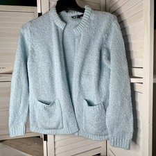 Vintage 80's Women's Miceli Baby Blue Open Knit Cardigan With Pockets Sz 42-Med