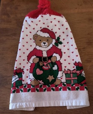 Vtg 70s 80s Christmas Teddy Bear Red Crocheted Hand Towel Cottage MCM Grannycore