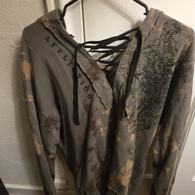 Affliction XL Tie-Dye Lace-Up Hoodie Gray Logo Pullover Long Sleeve